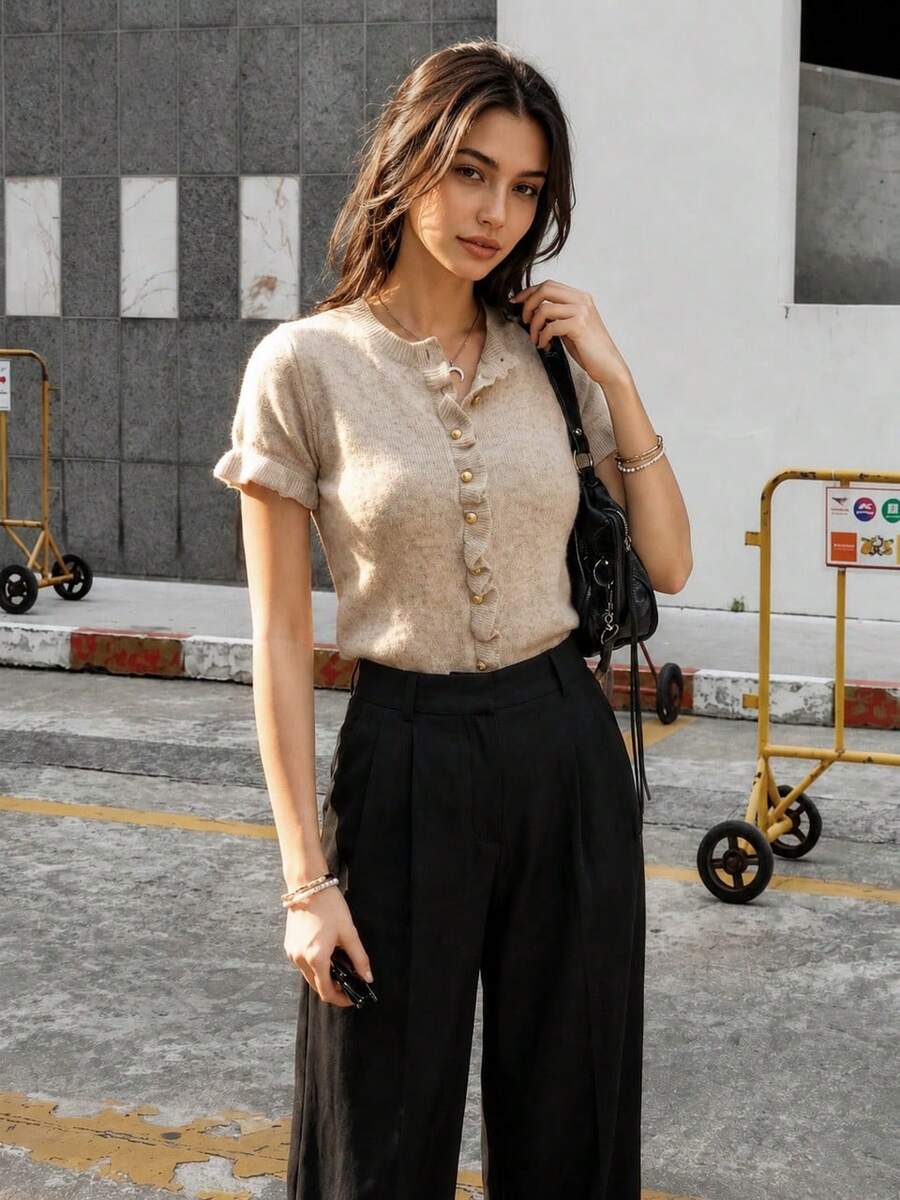 女款復古針織開襟衫,春夏風格,金屬鈕扣,優雅柔軟,適合休閒與度假 - 卡其色 - 查看 1