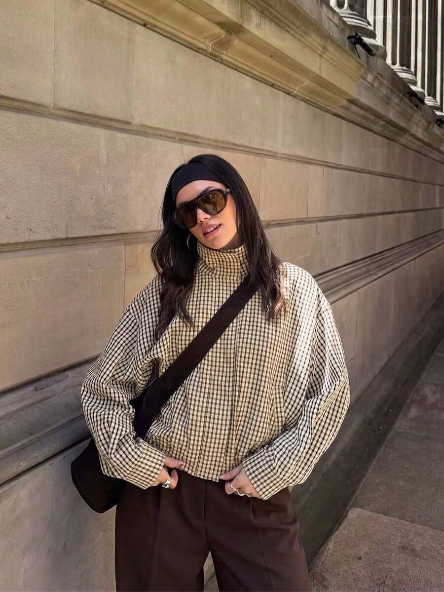 Vintage Plaid Workwear Shacket With Pockets, Unique Funnel Neck Slimming Outerwear - Khaki - View 1