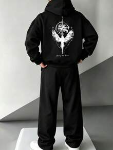 2pcs/Set Men's Hoodie And Ankle Pants Set, Casual Pullover Sweatshirt, Eagle Compass Creative Combination Print Sports Pants Outfit, Suitable For Hiking, Outdoor Trekking And Travel - Black - View 3