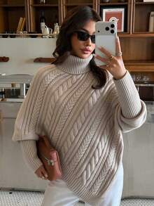 Women's AutumnWinter Fashion Solid Color High Neck Batwing Sleeve Asymmetric Hem Sweater - Dark Apricot - View 3