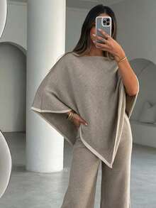 Women's Autumn/Winter High Neck Long Cloak, Loose Fit Colorblock Sweater And Wide Leg Pants 2 Pieces Set - Light Khaki - View 3