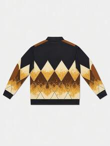Men's Zippered Diamond Quilted Patchwork Casual Loose Fit Sweatshirt - Multicolor - View 7