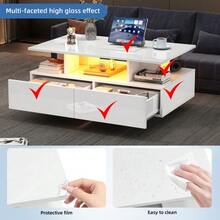 Modernt soffbord med högblank finish, LED-belysning och två lådor: elegant sidobord 90x55x41 cm med förvaringsutrymme, tål upp till 30 kg. - Vitt - Visa 4