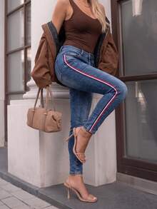 Women's Stretch Skinny Jeans, High Waist Slim Fit Denim Pants With Contrast Side Stripe, Casual 5-Pocket Jeans For Fall Winter - Side Stripe Jeans - View 3