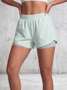1 pieza Pantalones cortos de mujer, 2 en 1 de unicolor con forro, pantalones deportivos 2 en 1, cintura elástica conjunto de 2 piezas, adecuado para correr, deportes, yoga, fitness en verano - verde menta - Ver 2