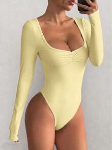 imisic Sexy V-Neck Ruffle Collar Long Sleeve Bodycon Dress For Women. The Collar Is Designed In A Deep V-Shape. This Is A Basic Form-Fitting Style, Suitable For Outdoor Wear, And Also Has A Slimming Effect. This Is A Tight-Fitting V-Neck Long Sleeve Dress, Suitable For Sports, Home Use And Daily Activities. - Yellow - View 5