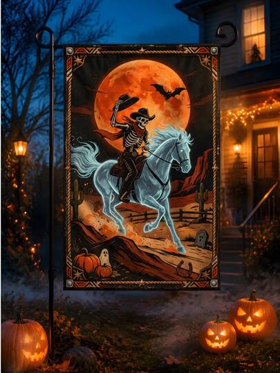 Halloween Garden Flag, Western Skeleton Cowboy Riding Ghost Horse Under Full Moon, Autumn Desert Cactus Pumpkin Yard Flag Outdoor Home Decor