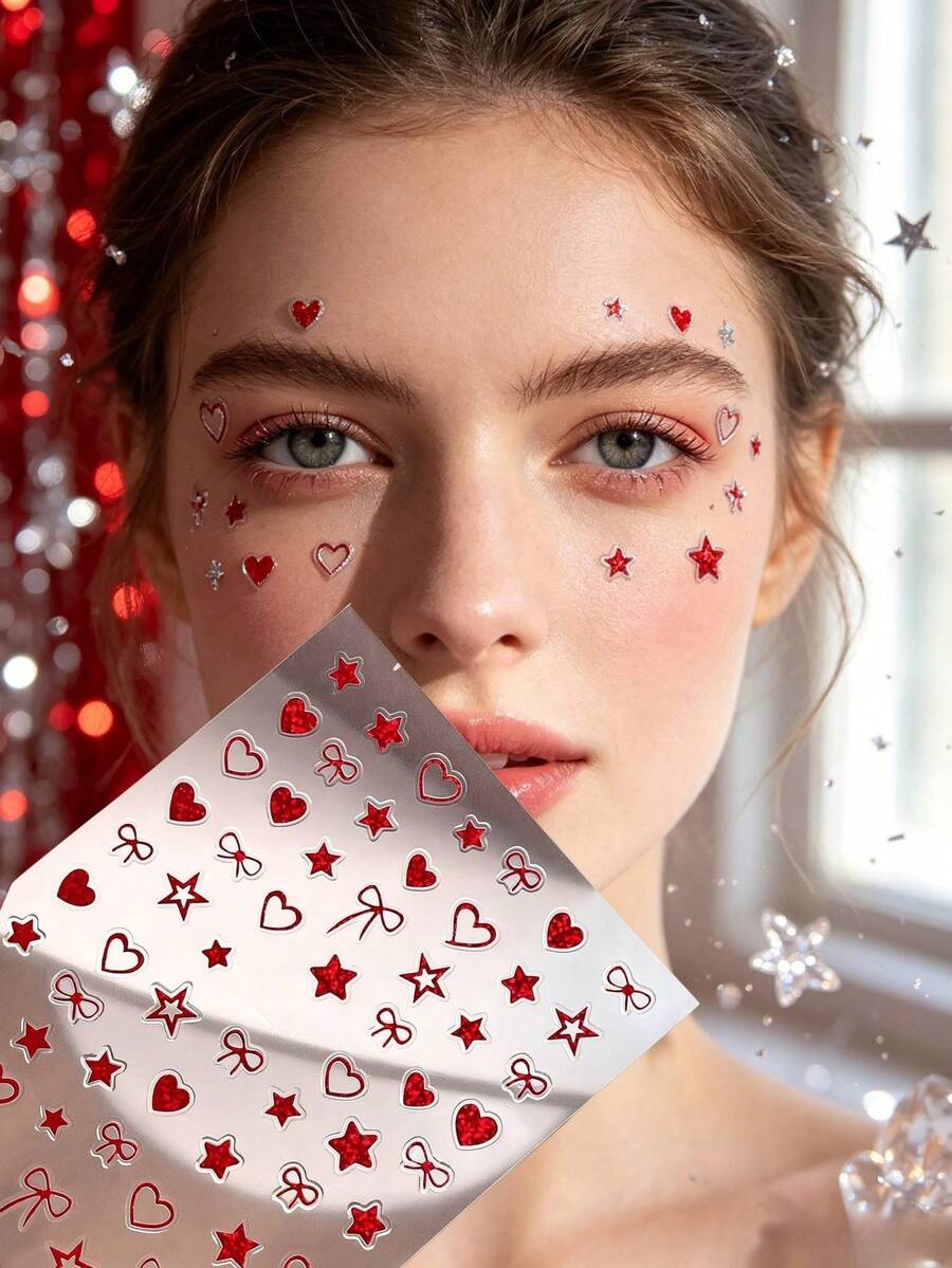 Stiker Dekorasi Wajah Bentuk Hati Merah, Bintang, dan Pita dengan Pinset, Cocok untuk Tahun Baru, Natal, Riasan Panggung, dan Dekorasi Wajah Pesta. - Merah - View 1