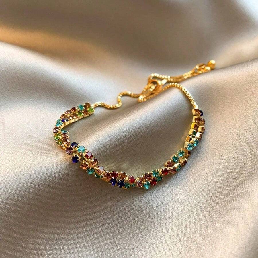 1pc Luxury Niche Design High-End Versatile Best Friend Bracelet Lucky Rainbow Candy Dopamine Bracelet With Rhinestones, Random Color/Quantity Cut - Multicolor - View 1