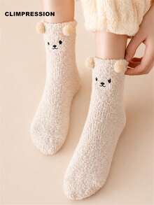 CLIMPRESSION Women's Cute Bear Plush Socks, Comfortable Coral Fleece Warm Winter Home Socks, Cartoon Animal Non-Slip Floor Socks, Suitable For Sleep And Leisure - Coffee Brown - View 9