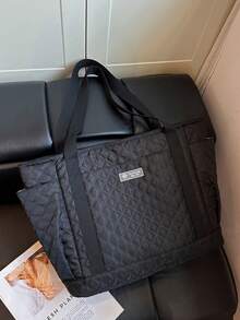 2026 Autumn/Winter New Large Capacity Padded Quilted Plaid Tote Bag, College Student Book Bag, Suitable For Shopping, Dating, Vacation, Commuting, Outdoor Travel, Mommy Bag - Black - View 9