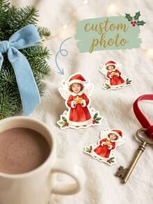 12/24/48pcs Personalized Custom Photo Christmas Angel Stickers, Custom Portrait Image Printed Waterproof Stickers, Angel Santa Claus Costume With Star And Holly Berry Design, Family Christmas Gift Wrapping Accessories, Gift Box Envelope Holiday Party Decoration - Multicolor - View 1