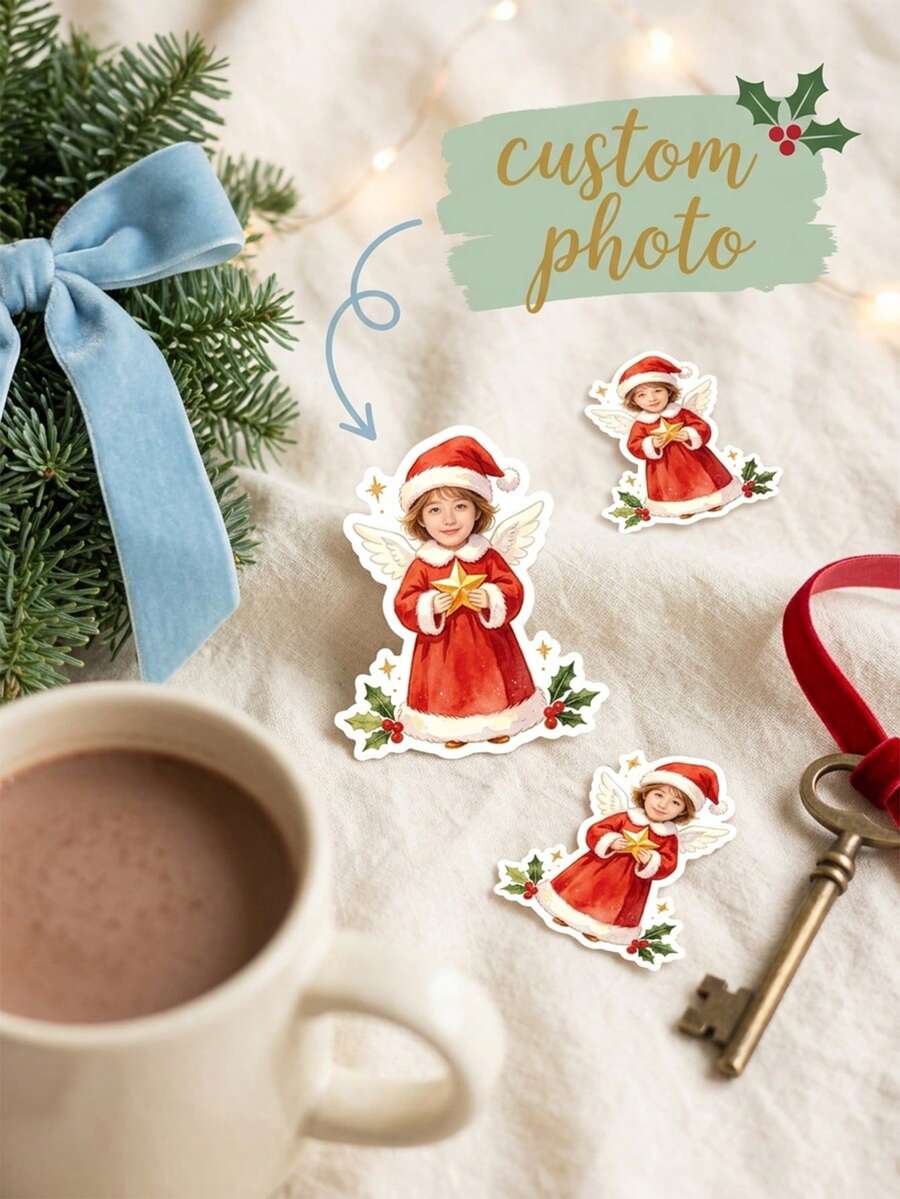 12/24/48pcs Personalized Custom Photo Christmas Angel Stickers, Custom Portrait Image Printed Waterproof Stickers, Angel Santa Claus Costume With Star And Holly Berry Design, Family Christmas Gift Wrapping Accessories, Gift Box Envelope Holiday Party Decoration - Multicolor - View 1