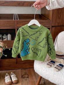 Boys Toddler Cute Dinosaur Knit Pullover Sweater, Suitable For Daily Wear, Vacation, Spring, Autumn, Winter - Green - View 1