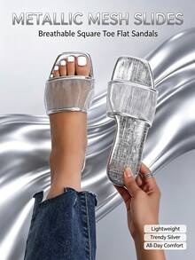 1 Pair Solid Color Fashion Hollow Silver Flat Sandals, Vacation Autumn/Winter Casual Comfortable Slip-On - Silver - View 1