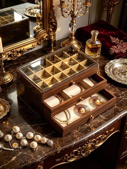 1 pieza Caja de joyas de madera de 3 capas, caja de almacenamiento de joyas de gran capacidad, organizador de joyas de estilo cajón de madera con 18 compartimentos y tapa transparente visible, puede mostrar anillos, aretes, collares, pulseras