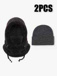 2pcs Winter Fleece Balaclava Set, Warm & Cold-Proof Hooded Scarf Mask With Knitted Beanie, Suitable For Skiing, Cycling And Outdoor Activities - Balaclava + Beanie - View 7