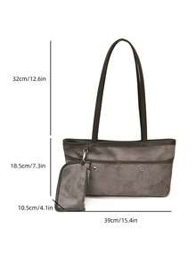 New Large Capacity Matte PU Shoulder Bag, Women's Minimalist Colorblock Handbag With Detachable Charm Pouch, Versatile For Work, Travel And Daily Use - Grey - View 3
