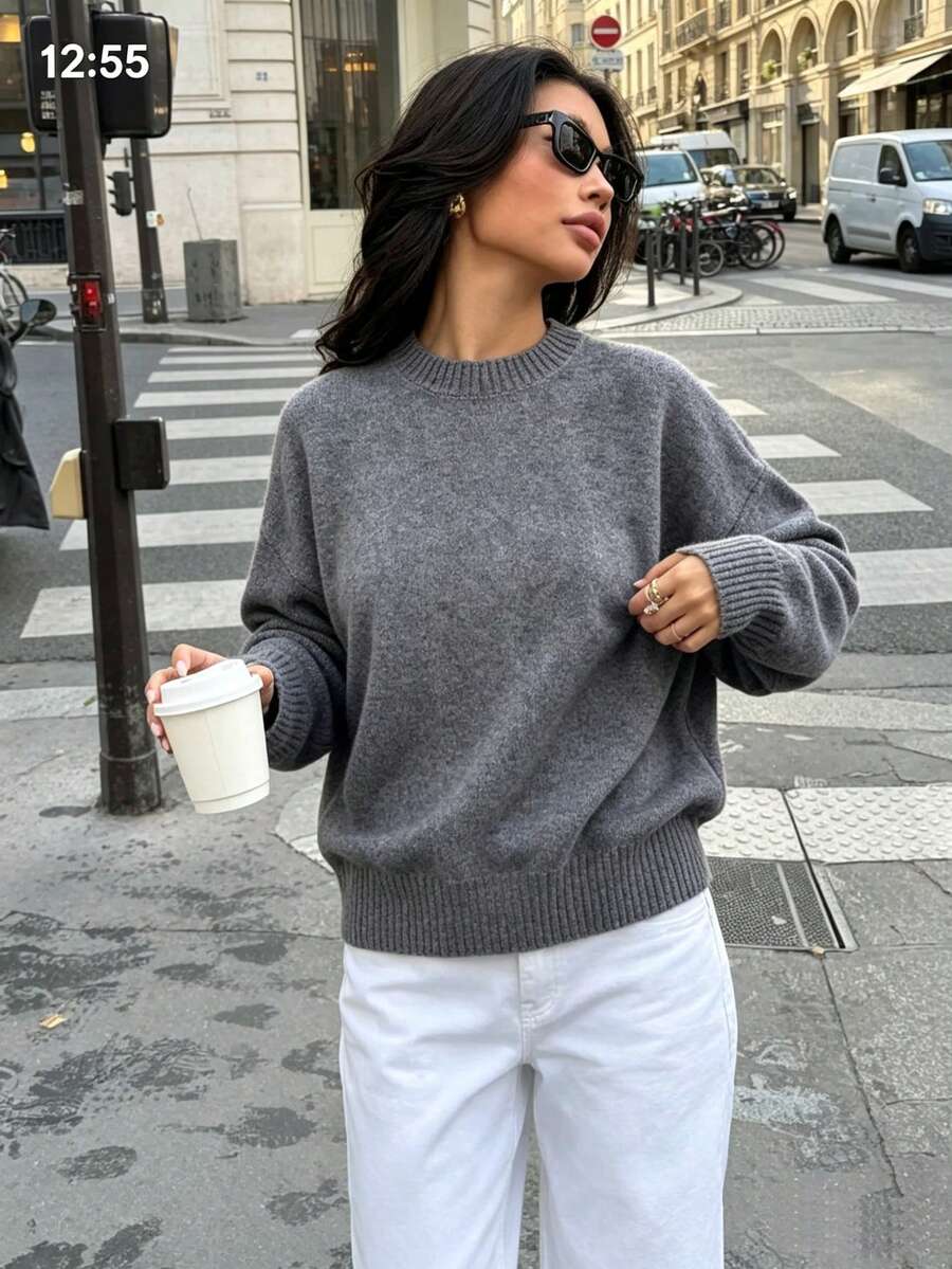 DEEKA 女款休閒時尚寬鬆舒適軟針織毛衣,秋冬款 - 灰色 - 查看 1