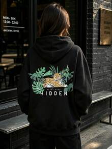 Cotton Sweatshirt, Oversized Leopard And Tropical Leaf Print Pullover, Never Goes Unnoticed, Black Streetwear, Casual Outdoor Wear, Loose Fit, Soft An - Black - View 2