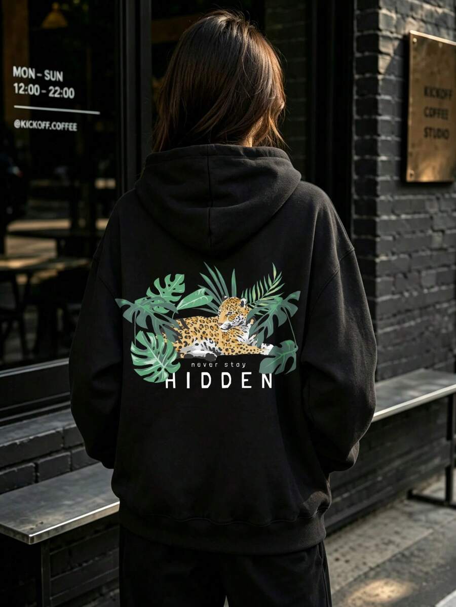 Cotton Sweatshirt, Oversized Leopard And Tropical Leaf Print Pullover, Never Goes Unnoticed, Black Streetwear, Casual Outdoor Wear, Loose Fit, Soft An