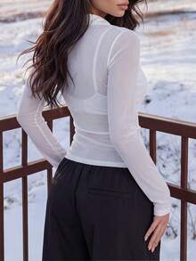 Aflion Women Summer White Collar Zip Up Long Sleeve Fitted Mesh Shirt, Slim Cropped Sheer Top Fall Daily Outfit - White - View 2