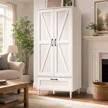 Wardrobe Closet, 63.5 Inch Modern Wooden Armoire Closet Para Ropa, Freestanding Clothing Storage Cabinet With 2 Doors 2 Large Drawers And Aluminum Alloy Hanging Rod, Black Metal Handles, Clothes Organizer For Bedroom Dorm Home, Black White - White - View 12
