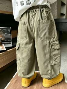 Boys' Toddler Autumn Loose Fit Washed Workwear Cotton Long Pants With Large Pockets, Suitable For Daily, Home And Outdoor Wear - Olive Green - View 2