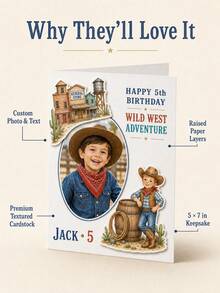 Personalized Photo, Name And Age Western Birthday Card, Custom Cowboy Greeting Card, Cowboy Keepsake Card, Theme Birthday Greeting For Children, Kids, Sons, Daughters, Parents, Grandparents And Ranch Party Celebrations - Multicolor - View 8