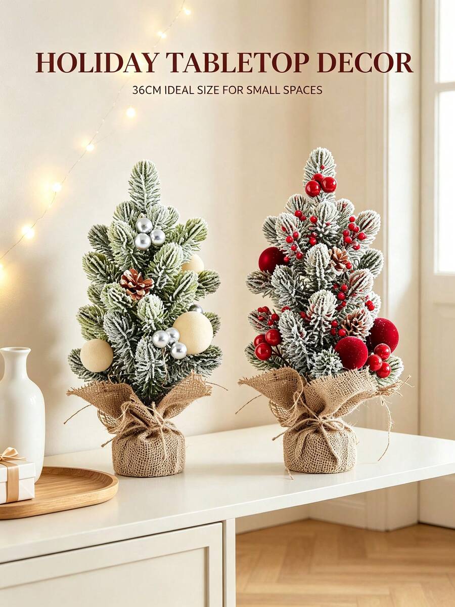 1 Set Of Mini Christmas Trees, 36cm Tall/14.1in, Perfect For Home And Tabletop Decorations. Features Red Berries And Pine Cones, Snowflakes, And Greenery. Suitable For Christmas Decorations, Table Decorations, Home Decor, And Room Decorations. - Multicolor - View 1