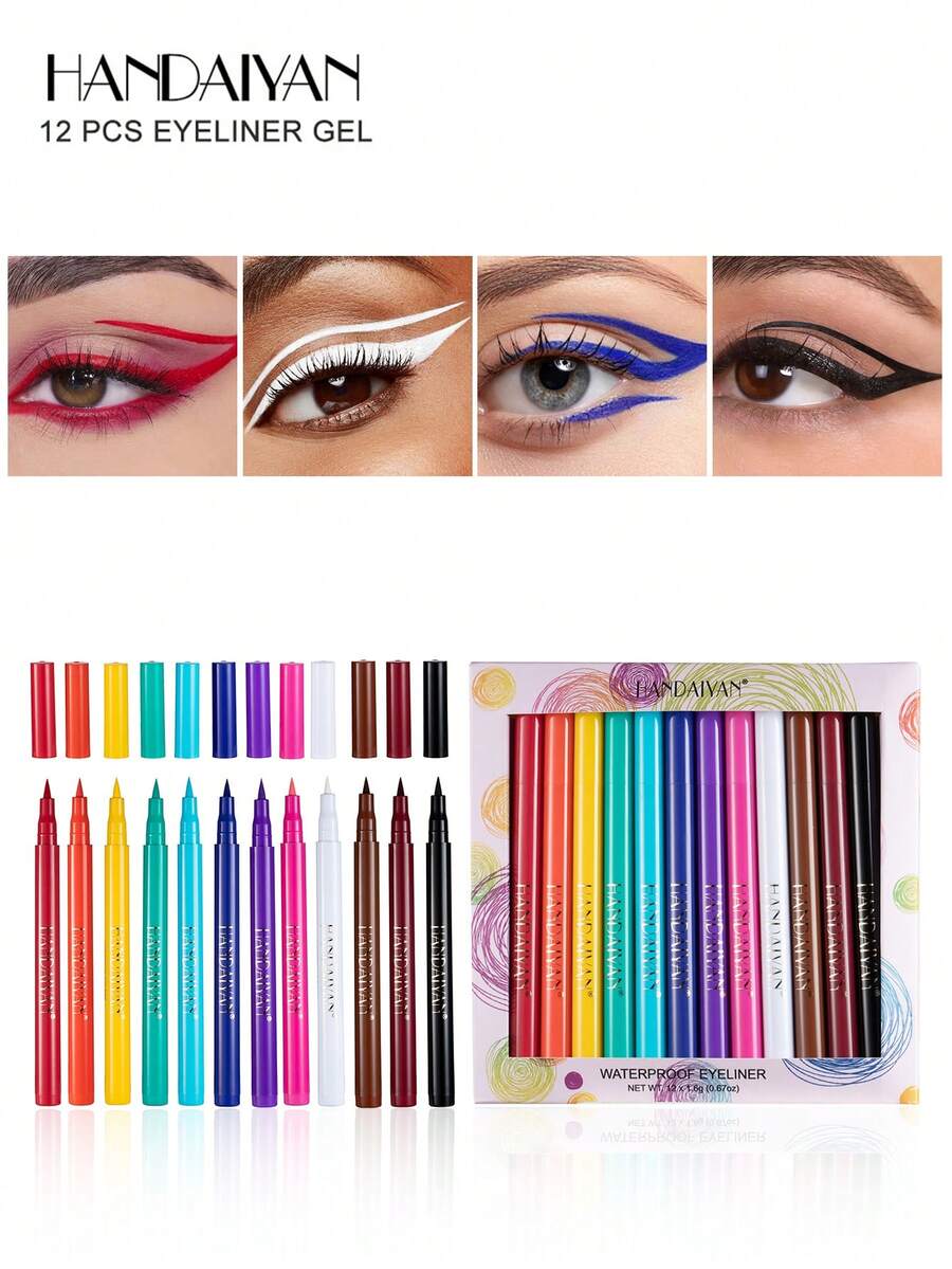 HANDAIYAN Set Eyeliner Cair Warna-warni 12 Buah: Cepat Kering, Anti Luntur, Sangat Cerah, Set Eyeliner Cair Matte - Set Hadiah Liburan Halloween, Natal, dan Cosplay. Kosmetik. Perlengkapan Pesta. Pilihan Warna Terbaik. - Hooked On You - View 1