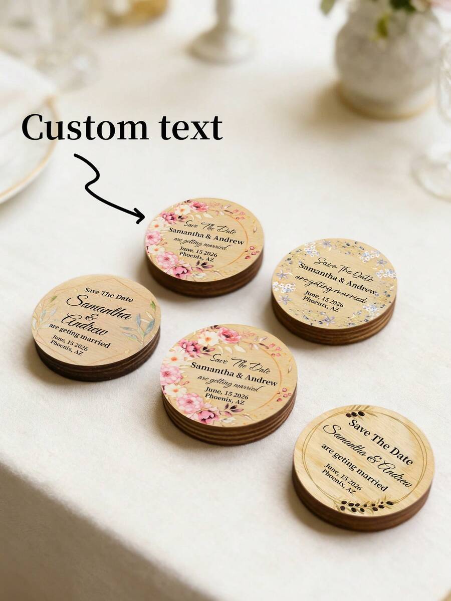 Custom Text Wedding Save The Date Fridge Magnets, Personalized Wooden‑Look Wedding Announcement Magnets,Custom Wedding Invitation Refrigerator Magnets - Multicolor - View 1