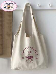 1pc Beige 3 Rabbits Cute Rabbit English Print Women's Canvas Tote Bag Shopping Bag - Beige - View 4