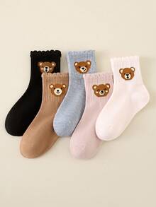 5 Pairs Girls Cartoon Bear Socks, Wavy Ruffle Cuff Mid-Calf Socks, Soft Knitted Neutral Multi-Color Socks, Casual Daily School Socks - Multicolor - View 1