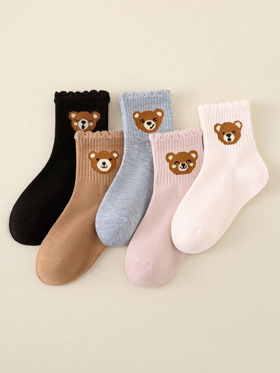 5 Pairs Girls Cartoon Bear Socks, Wavy Ruffle Cuff Mid-Calf Socks, Soft Knitted Neutral Multi-Color Socks, Casual Daily School Socks - Multicolor - View 1