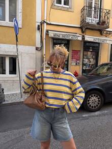 HoloChill Halloween Women's Young Influencer Casual Style Solid Color College Style Striped Knit Crew Neck Long Sleeve Top Vintage Regular Hem Ribbed Knit Sweatshirt Fall/Winter Casual 2026 New Pullover Sweatshirt Women's Autumn/Winter Outfit Women's Outing Top Women's Elegant Top Back To School Season Fall/Winter Luxury Christmas - Yellow - View 9