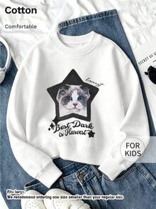 Tween Girl Crew Neck Sweatshirt, Star Frame Cat Portrait Text Printed Cotton Pullover, Soft Casual Long Sleeve Top - White - View 7