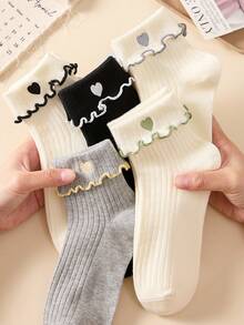 5 pares de calcetines cortos/calcetines de tobillo para mujer con lindo patrón de corazón bordado, suaves y transpirables con ribete de volantes, adecuados para todas las estaciones, colores aleatorios - Multicolor - Ver 4