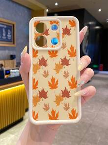 1pc Fashion Pure Android TPU Material Brown Maple Leaf Autumn Plain Pattern Lens Protection Thick Anti-Drop Anti-Fingerprint Beige Diamond Sand Phone Case Compatible With Samsung/Transsion/HONOR/ - Beige - View 2
