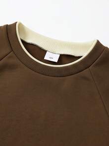 Purechapter 2pcs Tween Boys Minimalist Solid Color Colorblock Raglan Sleeve 2 In 1 Crew Neck Sweatshirt, Long Sleeve And Straight Leg Sweatpants Set, Oversize, Letter Patch Design, Casual Preppy Style, Autumn/Winter - Brown - View 4