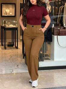 Celana Panjang Lurus Wanita Bahan Polyester, Celana Serbaguna Tidak Melar, Cocok untuk Pemakaian Sehari-hari di Musim Gugur - Coklat - View 6