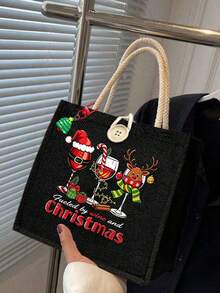 Beige Linen Tote Bag With Christmas Wine Glass & Reindeer Print, Suitable For Christmas Gifts, Travel And Daily Use - Multicolor - View 13