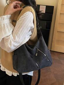 Maillard Vintage 2026 啞光紋理大容量時尚百搭單肩包 高端沙灘包托特購物大包 小眾紋理手提包 通勤包 拉鍊雙肩帶斜挎包 - 黑色 - 查看 3