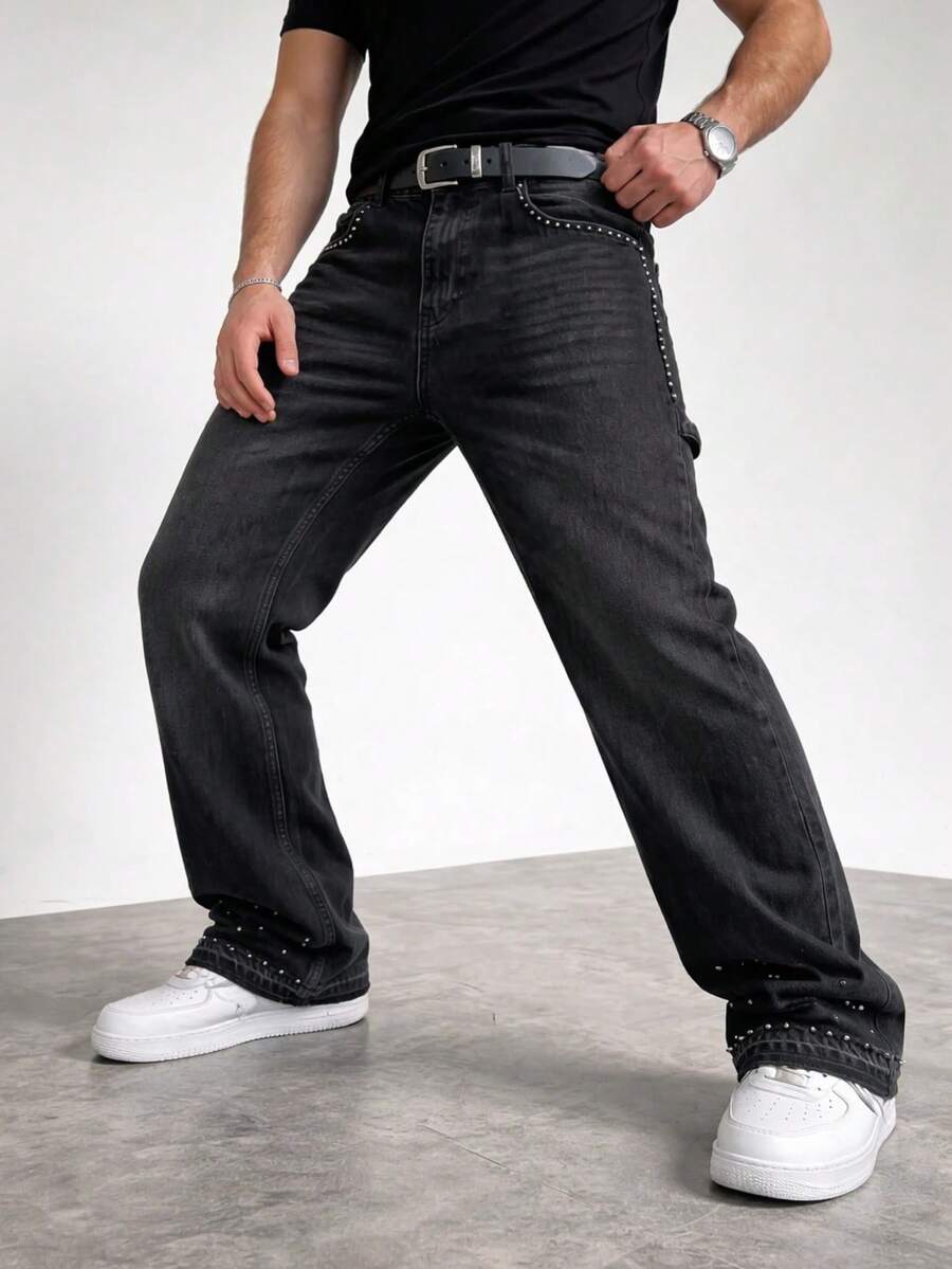 Men's Pearl Embellished Flare Leg Pants - Black - View 1