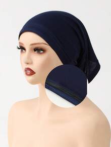 1PC Women's Solid Color Non-Slip Pullover Cap, Comfortable Skin-Friendly Base Cap, Breathable Headscarf Liner For Long Wear, Muslim Hijab Inner Cap, Suitable For Daily Use - A-dark Blue - View 10