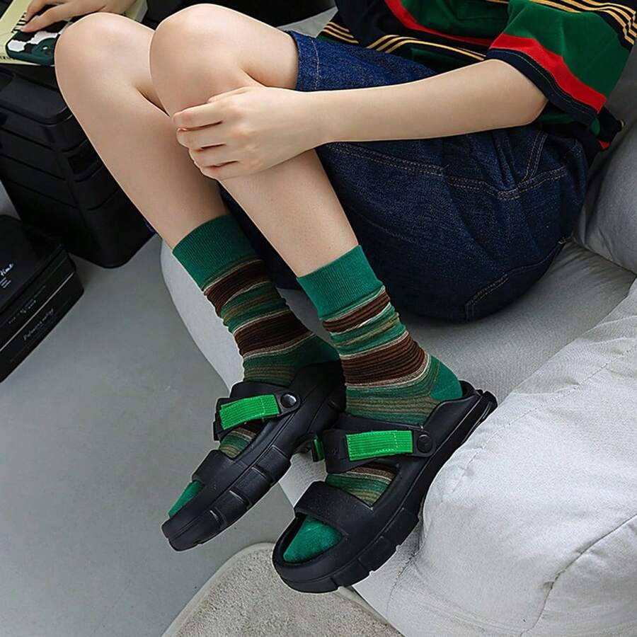 Guokr Store 여성 빈티지 스트라이프 중목양말 캐주얼 패션 2켤레 세트 사이즈 23-25cm - 그린+빈티지 - 보기 1