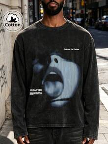 [Simple] Men's Retro Washed Long-Sleeve T-Shirt - Comfortable Crew Neck Top, Suitable For All Seasons, Casual Wear, Fashionable Street Style. - Black - View 1
