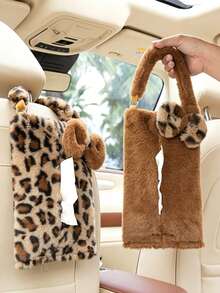 1pc Fashionable Leopard Print Hanging Tissue Bag, Plush Fabric With Pom Pom Decoration, Easy Hanging Installation For Convenient Access, Car Tissue Box, Women's Car Accessory, Home Decor Accessory, Car Seat Decoration, Dual Use For Home And Car - Multicolor - View 9