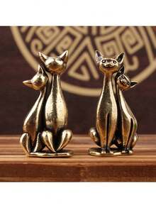 Couple Cat Small Decorative Figurine, Home Office Desktop Ornament, Brass Sculpture, Christmas Gift, Garden Decor - A - View 2