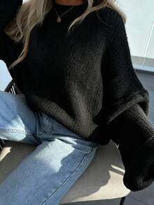 Solid Color No Decoration Round Neck Oversized Puff Sleeve Loose Short Knit Sweater, Suitable For Autumn Daily Casual Wear And Weekend Gatherings - Black - View 2